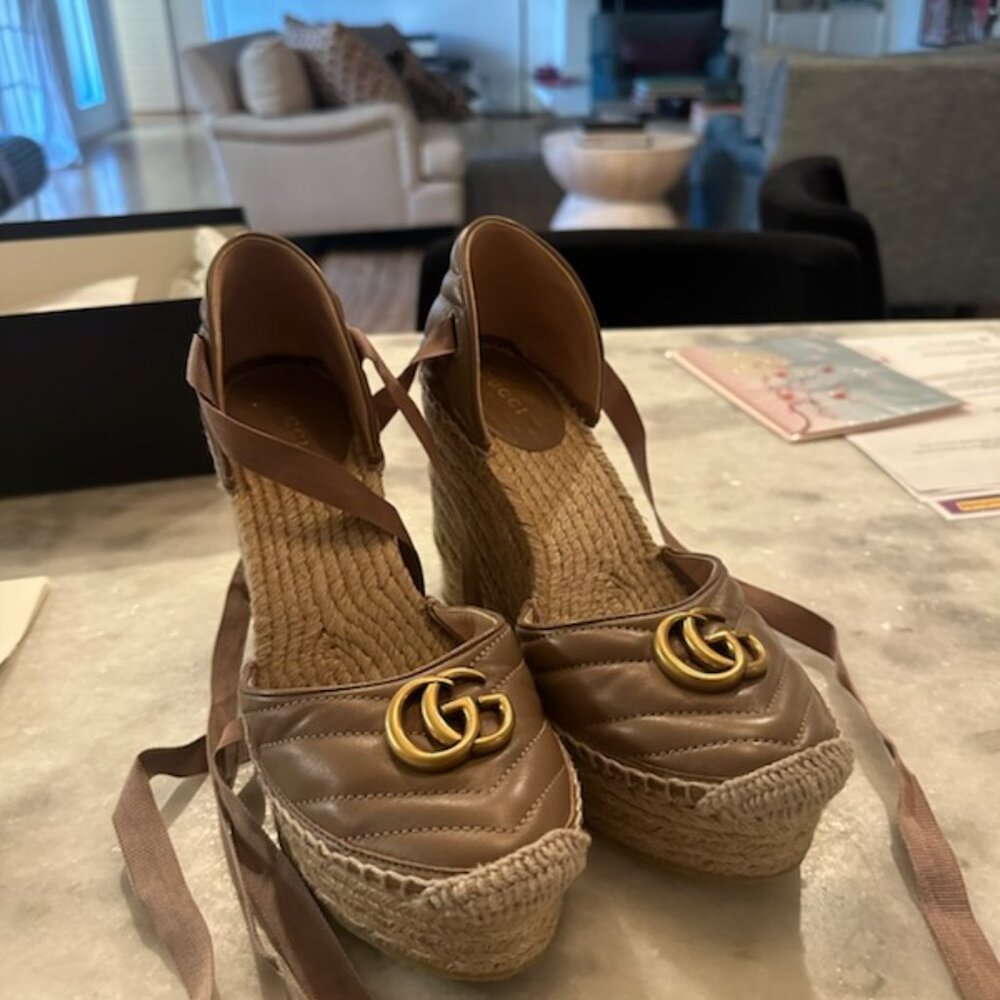 Gucci Women's Pilar GG Ankle Tie Espadrille Platform Wedge Sandals - Picture 3 of 7